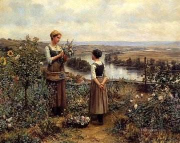 Daniel Ridgway Knight Painting - Picking Flowers countrywoman Daniel Ridgway Knight